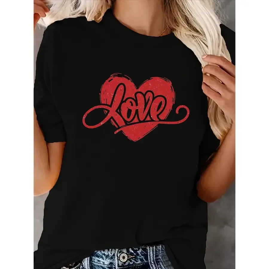 Women's Valentine's Red Heart Print T-Shirt - Cute Bold -Line Round Neck Short Sleeve Blouse Machine Washable Non-Sheer Fabric