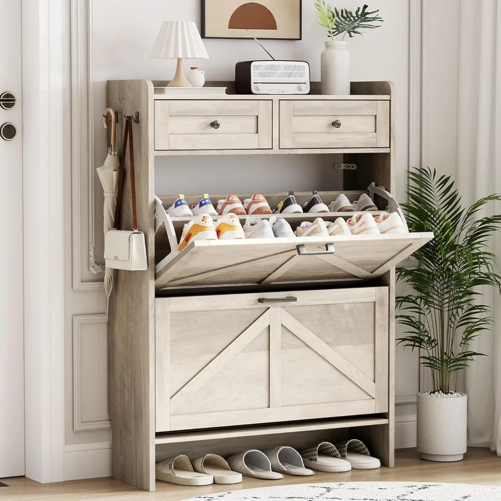 

Cabinet with 2 Flip Drawers & 2 Top Drawers, Tall Freestanding Narrow Wooden Shoe Storage Organizer for Entryway, Hidden
