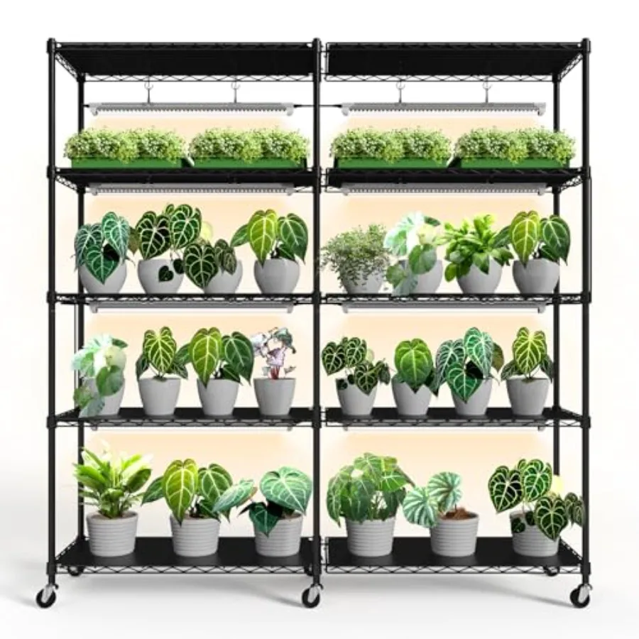 

5-ярусная L-образная подставка для растений с 8 светодиодными лампами T8 полного спектра по 192 Вт, 58x13.8x59 см, большая удлиненная подставка для растений