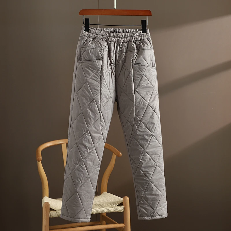 軽量ダウンコットンパンツ女性のためのファイオナブルダイヤモンド柄ハーランカフスズボン暖かいハイウエストロングパンツ