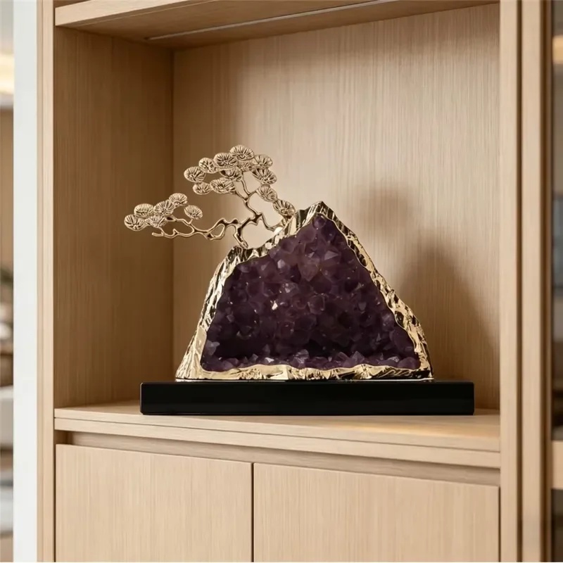 Golden Welcome Pine Crystal Mountain Sculpture Decorative Statue for Home Entrance Counter Office Desk Feng Shui Visualizer