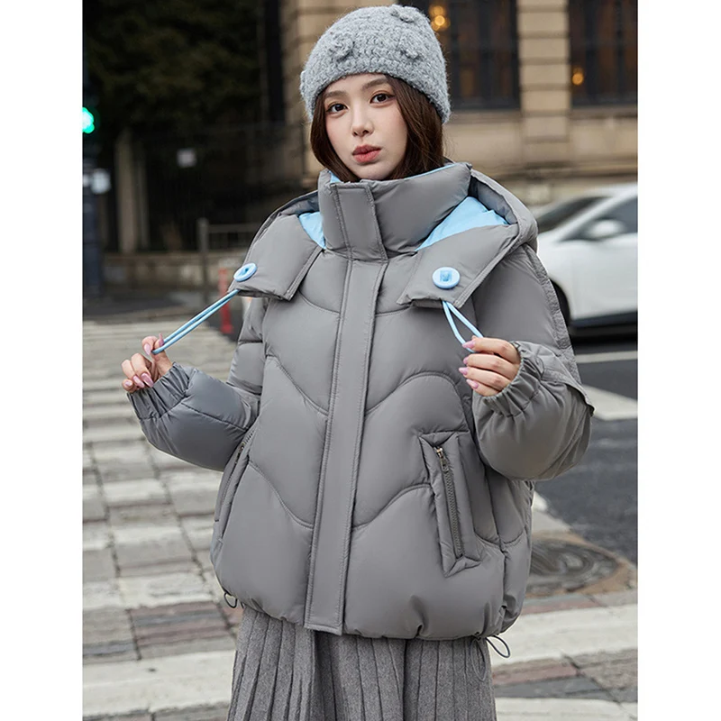 

New Winter Contrast Color Puffy Down Cotton Jacket Women Fashion Button Trim Thicken Parkas Trendy Streetwear Padded Cotton Coat