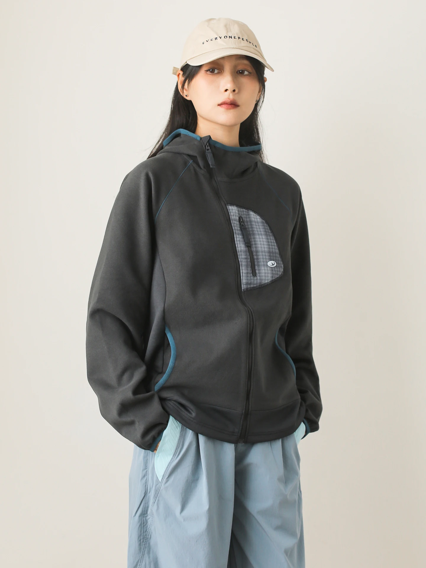 Mandu Outdoor Lightweight Warm Composite Fleece Hooded Jacket Diagonal Zipper Loose Color Block Women's Coat Functional Style