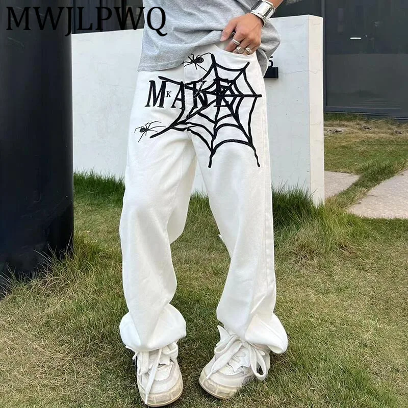 

MWJLPWQ белые джинсы с вышивкой в американском уличном стиле, мужские уличные осенние унисекс, новинка 2024, универсальные прямые длинные брюки 12523