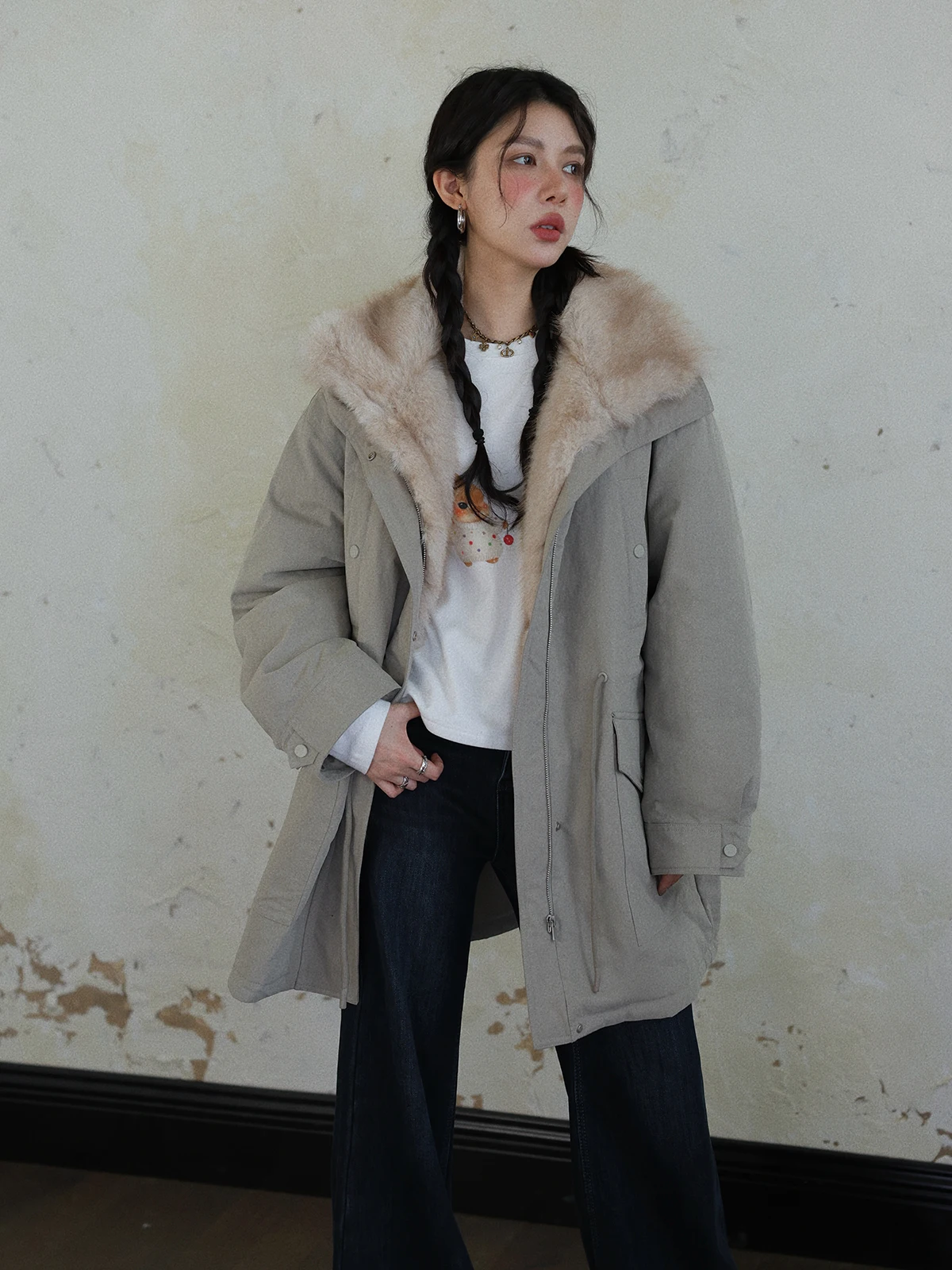 

Retro eeni ey Fur Collar Parka Sle Women's down Jaet 90% down Thi Warm Mid-Length Coat for Winter Ladies