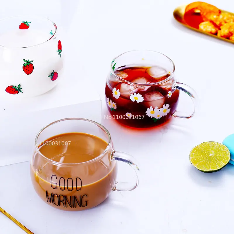 380ml Cute Letter Transparent Glass Coffee Tea Mug Strawberry Drinks Dessert Breakfast Milk Cup Glass Mugs Handle Drinkware