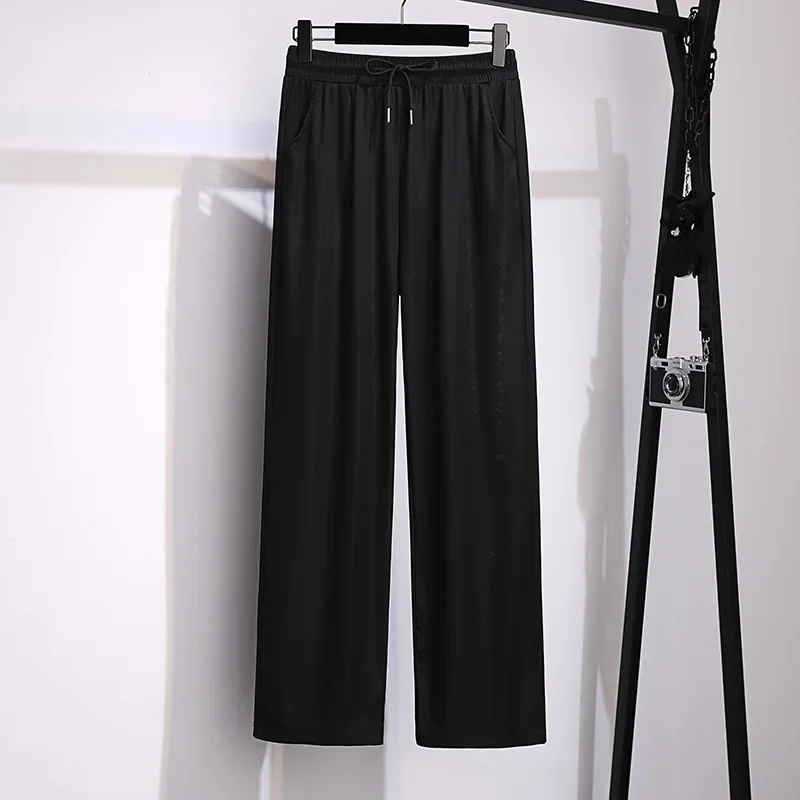 100/175kg Big Size Women Clothing Wide Legs Pants Show Thin Summer High Waist Straight Tube Pants Loose Ice Silk Cropped Pants