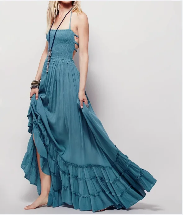 2025 Abito da spiaggia Abiti sexy Boho Bohemian Holiday Summer Lungo Backless Cotone Donna Party Hippie Abiti Mujer Etnico