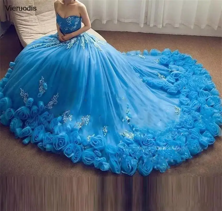

Blue Sweetheart Tulle Quinceanera Dresses Lace Applique 3D Hand Made Flower Ball Gown Sweet 15 Dresse Princess Party Dress