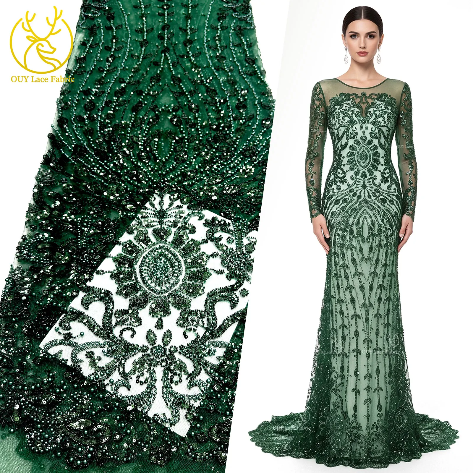 

Green African Beaded Lace Fabric 2026 High-Quality Nigerian Sequined Embroidered Lace Fabric Ideal for Wedding Party Dresses