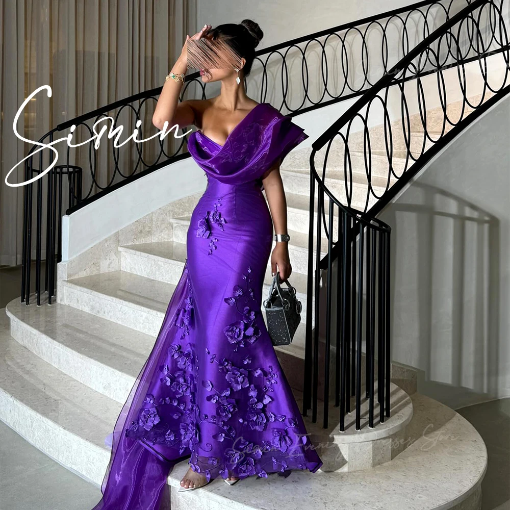 Simin One-Shoulder Luxury Appliques Satin elegant prom dress fairy Mermaid Floor Length Saudi Royal Purple dresses for women