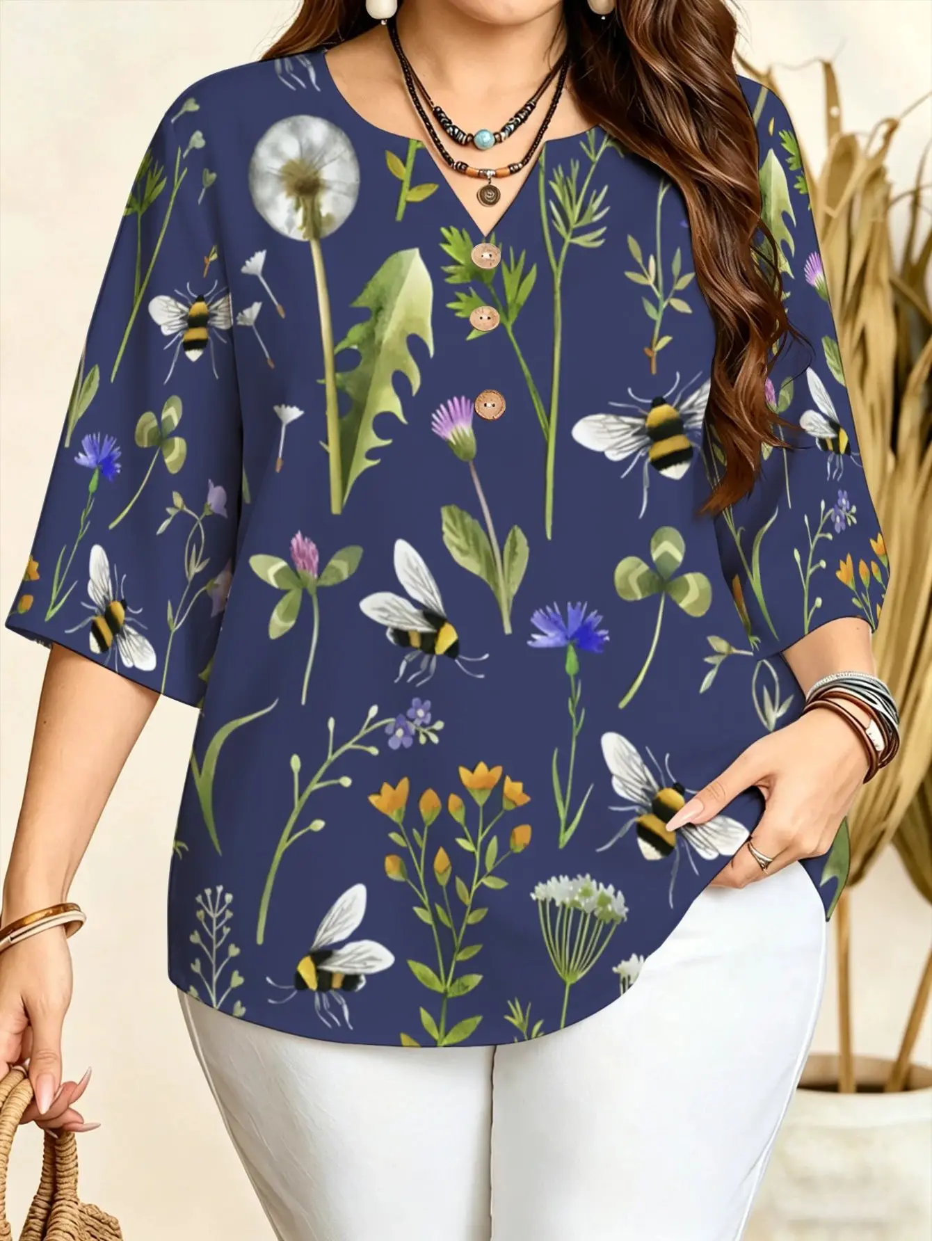 Plus Size Vintage Floral Print Blouse Notch V Neck 3 Decorative Buttons 3/4 Sleeve Boho Ethnic Loose Casual Women Daily Shirt