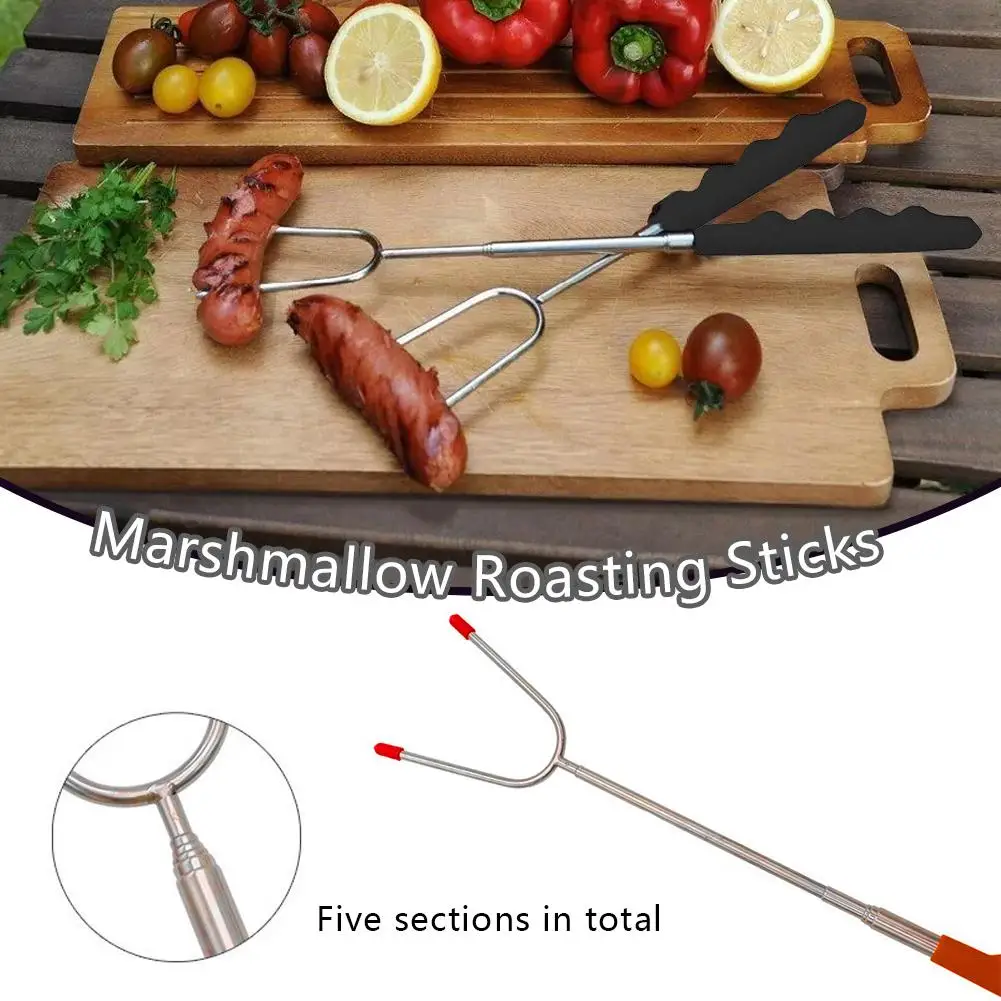 Tenedor de barbacoa de acero inoxidable con mango de madera en forma de U para perro, palo de brocheta telescópica caliente, tenedor para exteriores, barbacoa ahumada, Kebab, H1c9