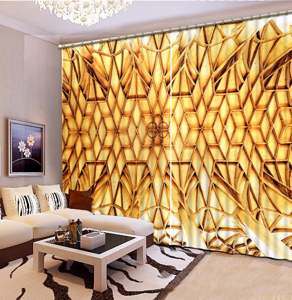 Fashion Customized Classic Home Decor 3D Curtain Golden Geometric Pattern Bed Room Living Room Office Hotel Cortinas