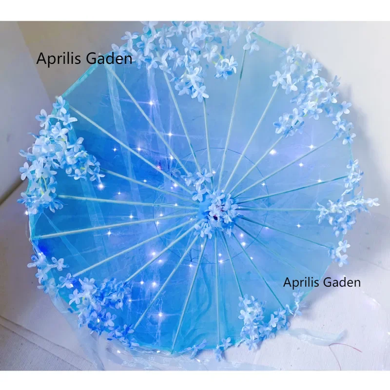 Blue LED Yarn Silk Cloth Decorative Umbrella Transparent Fan Princess Lace Chinese Japan Umbrella Craft Umbrella Party Frances