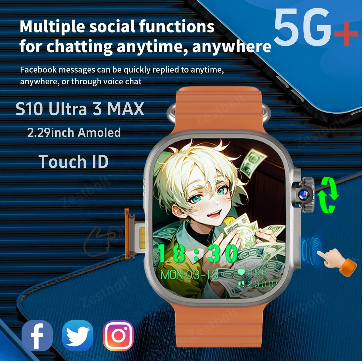 

5G Cellular Version S10 Ultra 3 MAX Smartwatch Android 10.0 Smart Watch Touch ID With 180° Rotarting Camera GPS WIFI Compass NFC