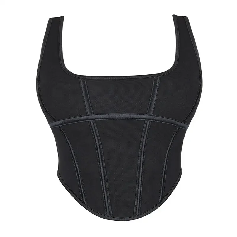 

Black Corset with Shoulder Straps Women Bustier Tops Vest Fashion Plastic Boned Lacing Gothic Backless Corselet Crop Top