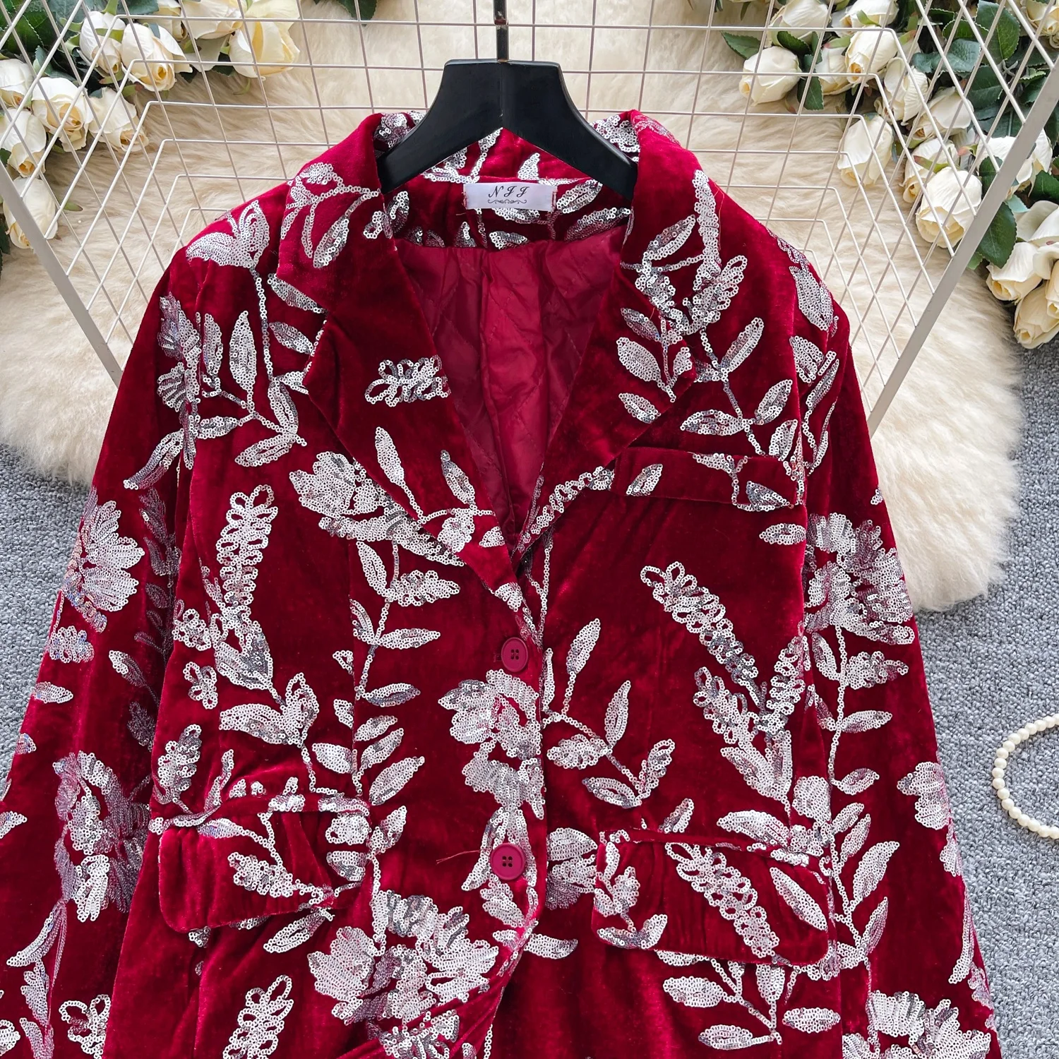 سترة نسائية كلاسيكية من Clothland مطرزة بالترتر وأكمام طويلة لامعة سترة نسائية مخملية CB221 #4