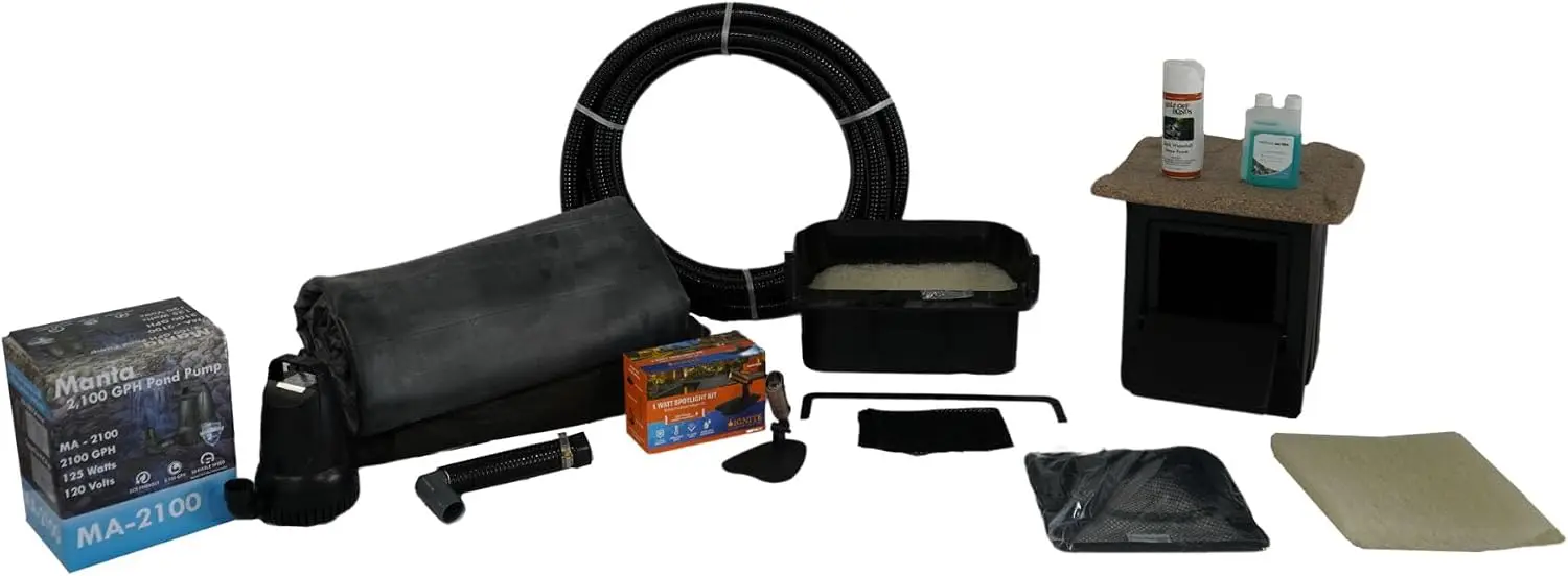 2100 GPH Water Garden Koi Pond Kit 10x10 Ft EPDM Liner Custom Water Feature 16 Waterfall Filter 7 Serenity Skimmer Manta Submers