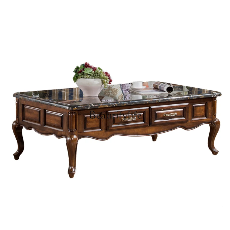 

European Style All Solid Wood Sofa Side Table Living Room Marble Side Table Coffee Table