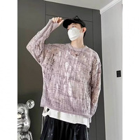Laid-back Hollow-out Knitted Long Sleeve Loose Men's Sun Protection Coat Trendy Casual High Elasticity Machine Washable Polye...