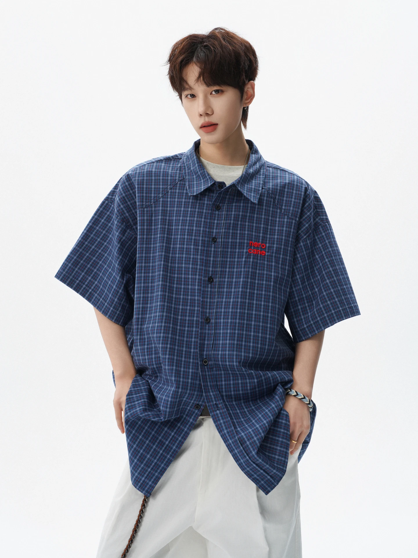 

Мужская рубашка свободного кроя с коротким рукавом, вышивкой, в американском ретро-стиле, в клетку, летняя, модная, универсальная, повседневная, для ношения на каждый день