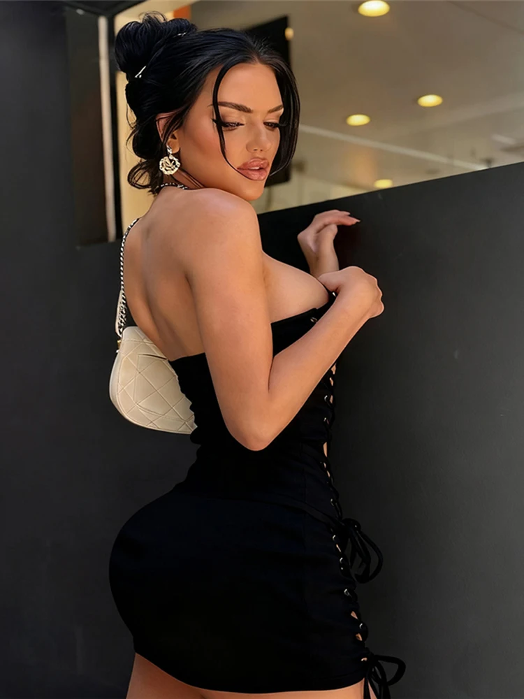 Kliou oco bandagem design 2 peça conjunto mulher fora do ombro sem costas espartilho topos + magro mini saias meninas quentes sexy moda ternos