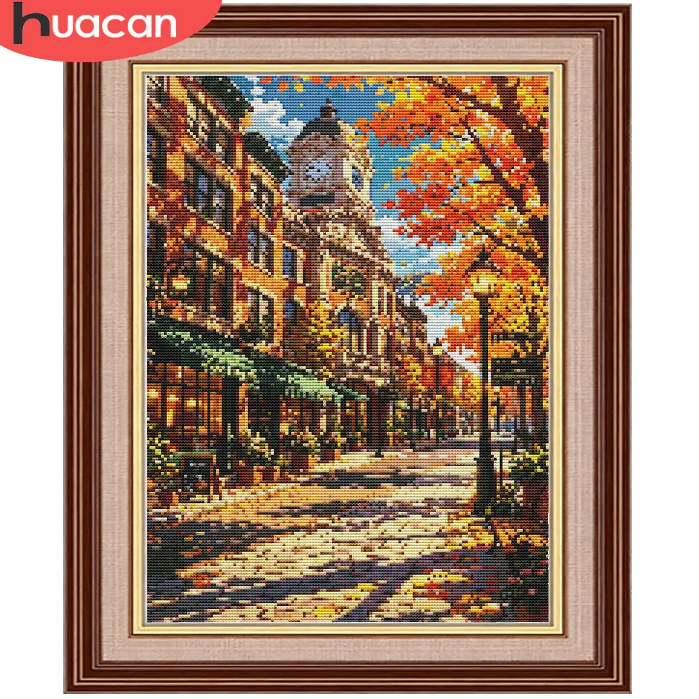 HUACAN House Cross Stitch Kits Novelties City Landscape DMC Threads  Embroidery Sets Autumn Needlework Home Decor Handmade