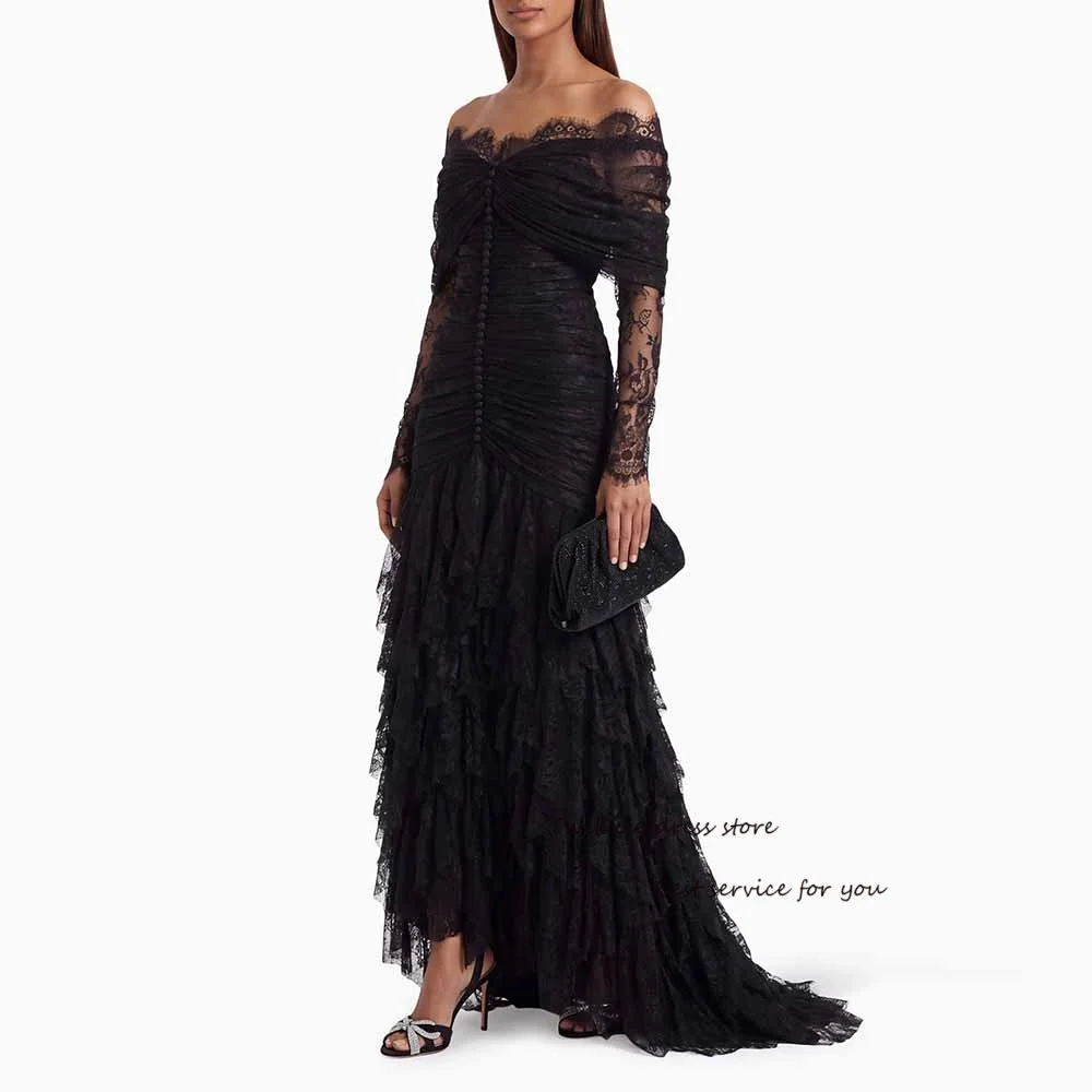 Lace Embroidery Evening Dresses Off Shoulder Mermaid High-low فساتين سهرة Black Formal Prom Dress for Women