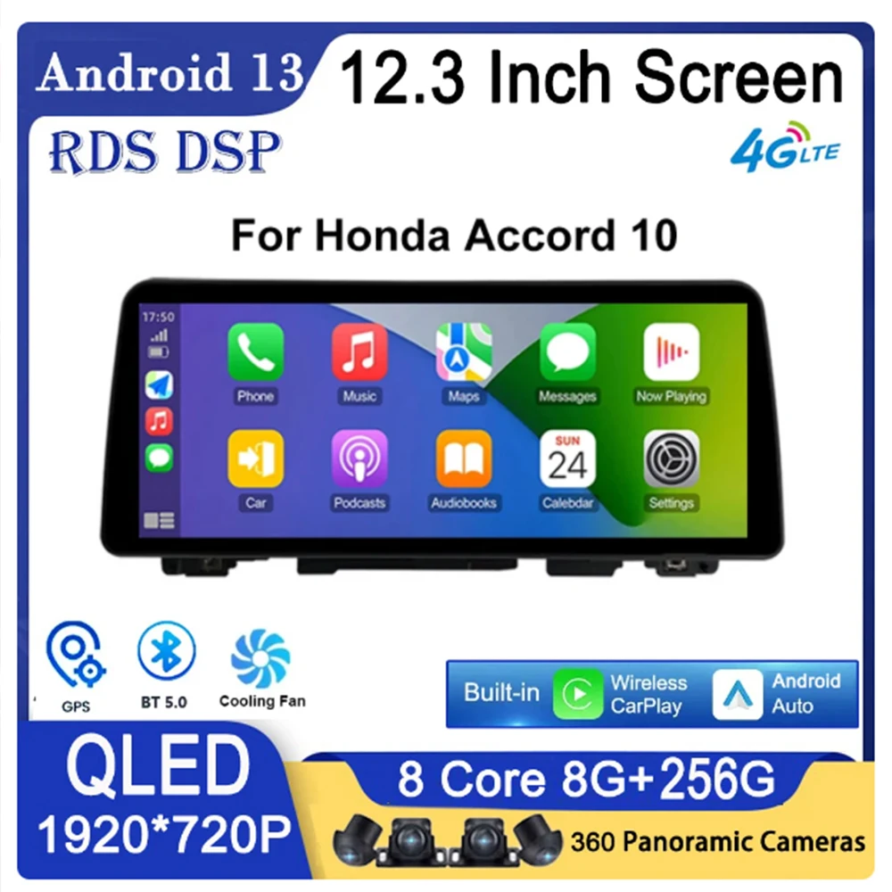 

For Honda Accord 10 2018 - 2021 12.3 Inch Android 13 QLED Screen Multimedia Video Player Car Radio GPS Navigation Carplay 5G DSP