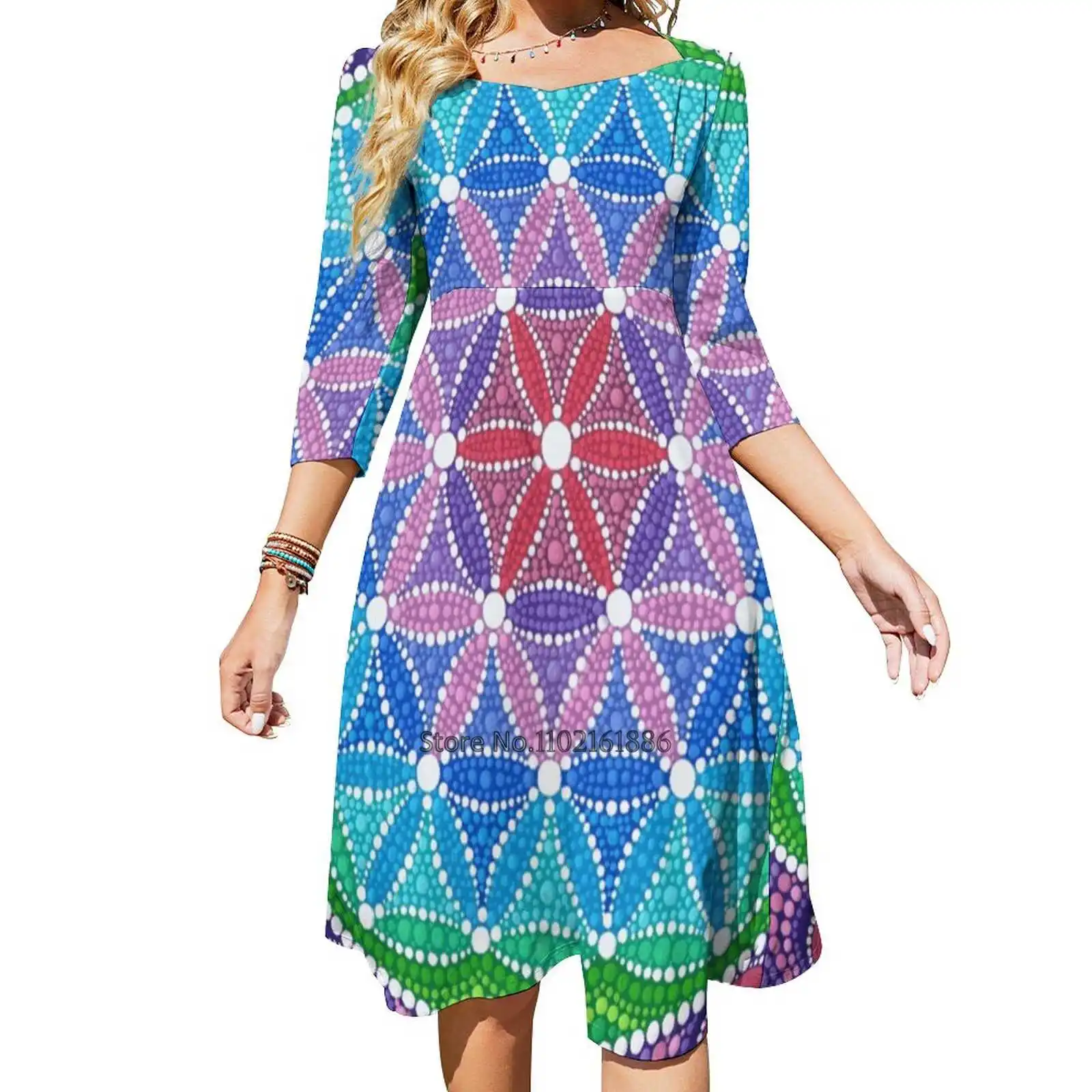 Divine Lotus Mandala Back Lacing Backless Dress Square Neck Dress Fashion Printed Dress 6Xl Flower Of Life Seed Of Life Sacred