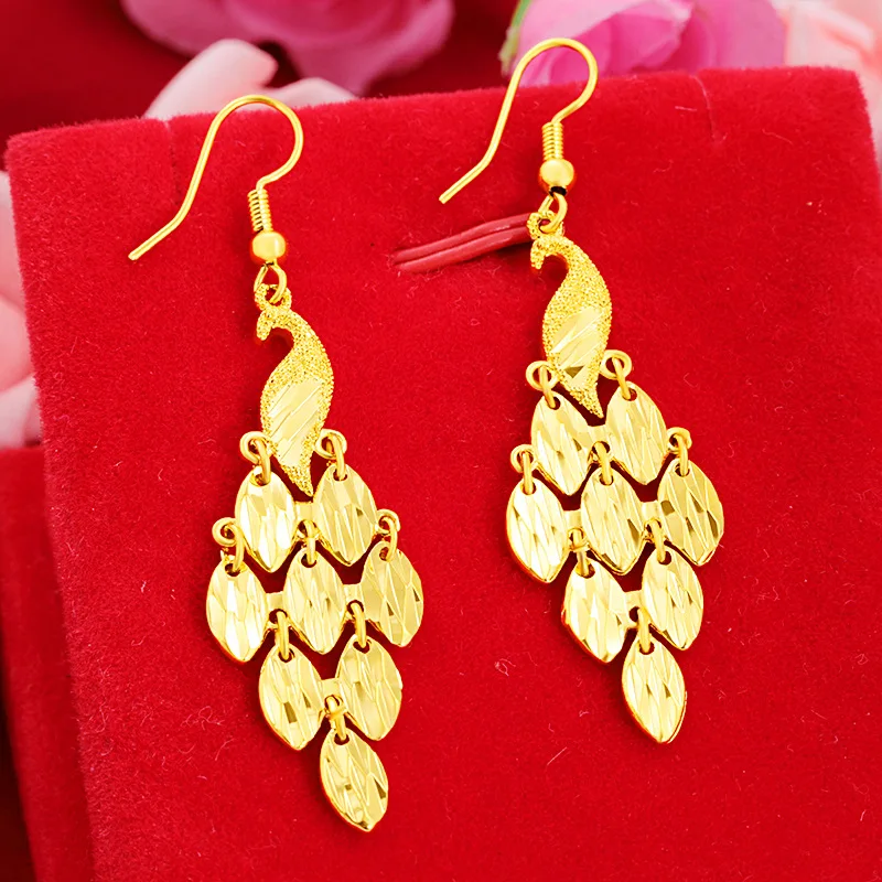 Cynlo Jewelry Women's 24K Gold AU999 Korean-Style Long Peacock Tail Tassel Earrings | Geometric design, professional yet stylish