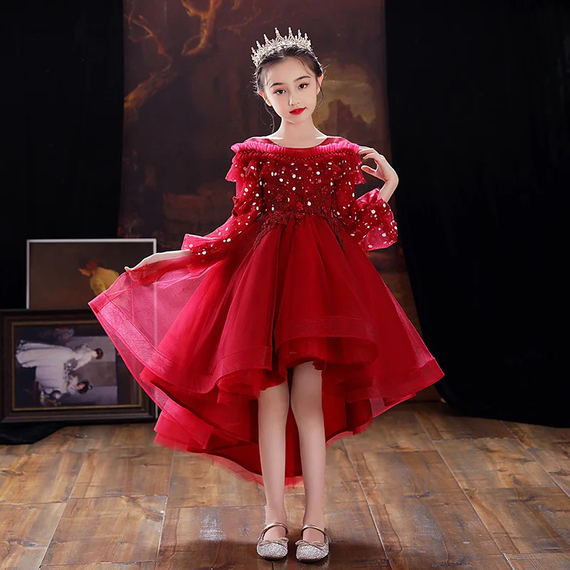 

Elegant Girl Red Applique Beading Dress Kids Bridemaid Wedding Dresses Children Ball Gowns Girls Boutique Party Wear