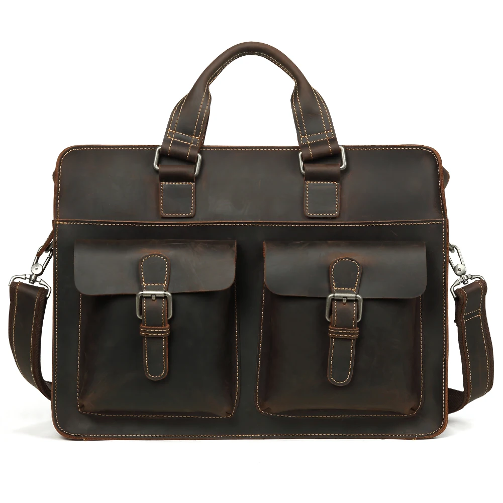 Crazy Horse Men\'s Handheld Briefcase Multi functional Shoulder Bag Men Genuine Leather Bag 15.6-inch Business Computer Bag