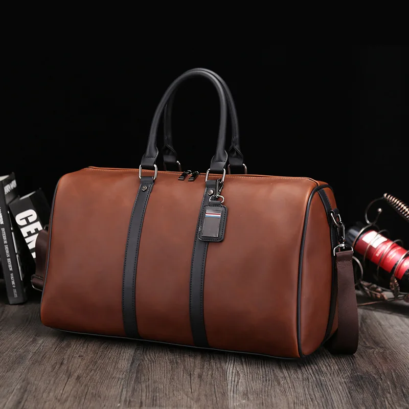 Gym Bag Crazy Horse PU Leather Handbag Fitness Travel Tote Pocket Luggage Vintage Shoulder Duffle Side Sac De Sports Bag For Men
