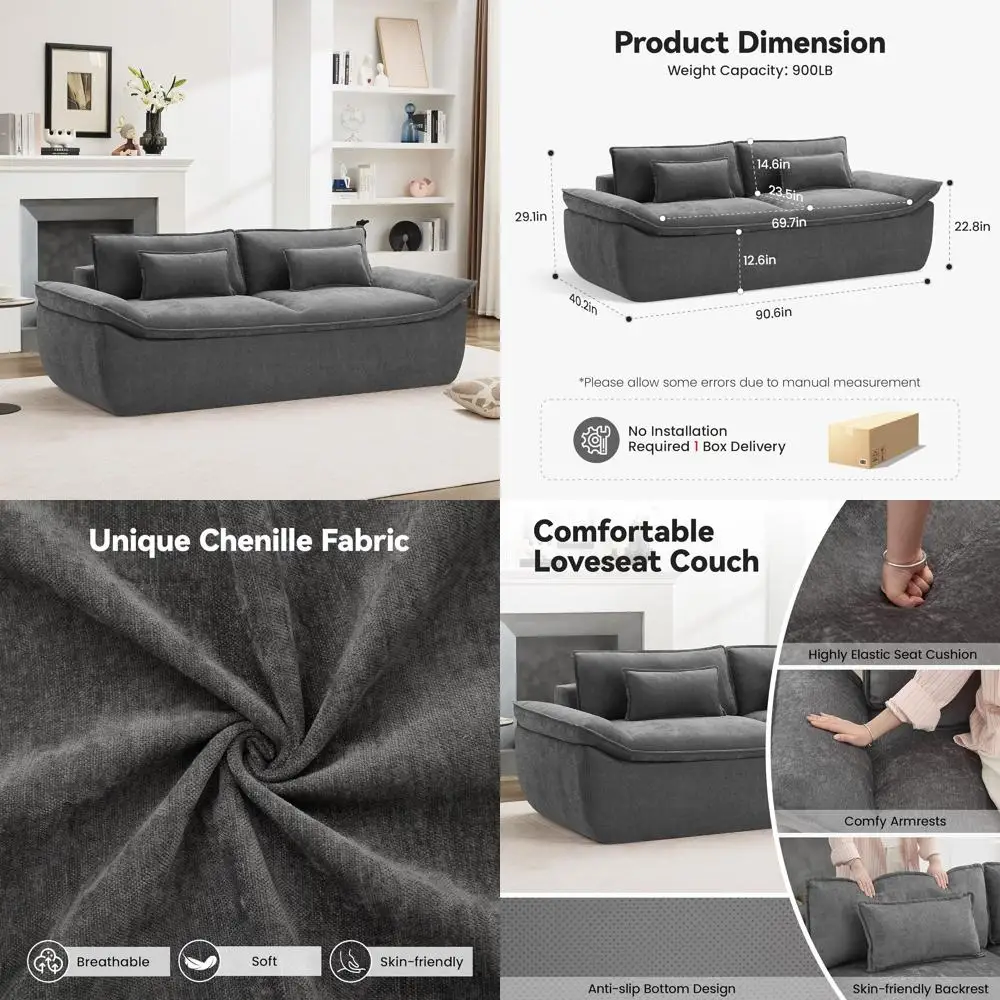 

2-Seater Deep Seated Loveseat Sofa with Lumbar Support Pillow, Chenille Grey Couch for Living Room