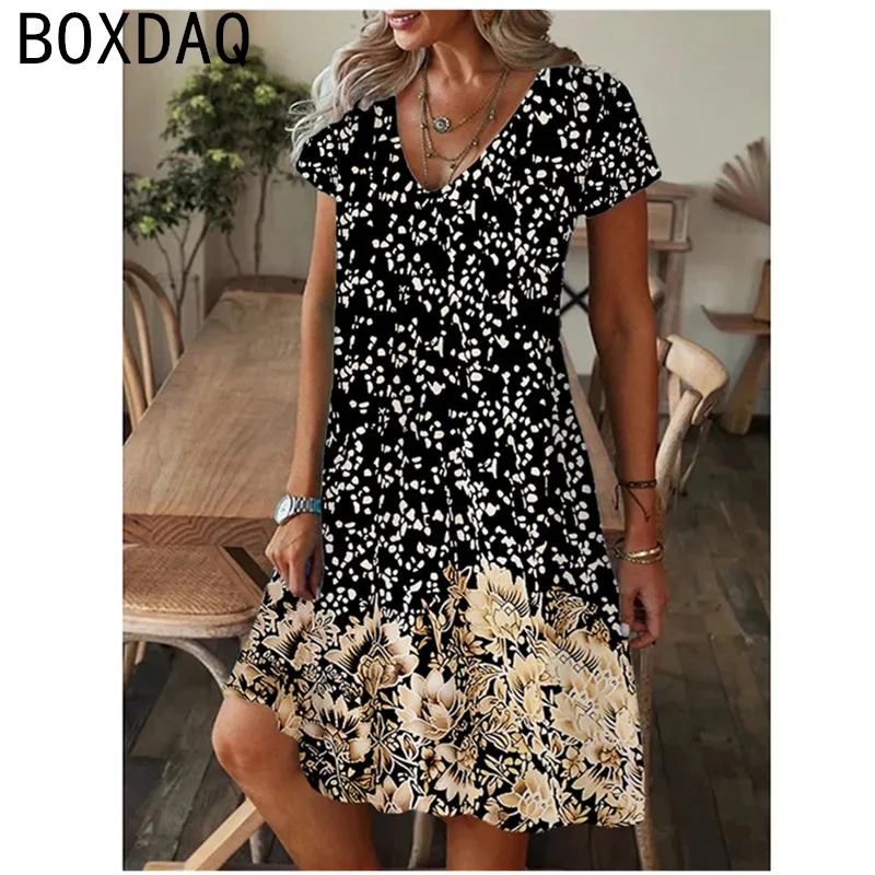 Vestido feminino com estampa floral boho manga curta com decote em v, vestido casual praia, vestido vintage em linha a, verão, tamanho grande