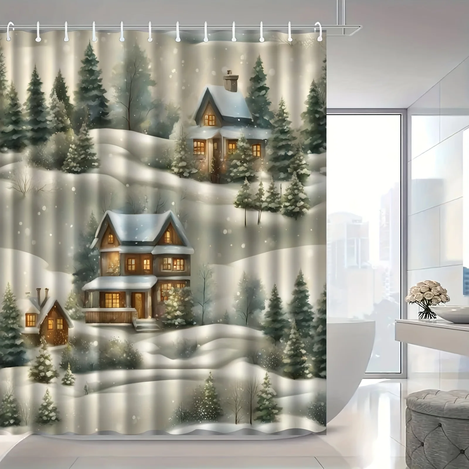 1pc Christmas Snowflake House Romantic and Beautiful Shower Curtain, High End Elegant Bathroom Curtain, Bathroom Decoration Patt
