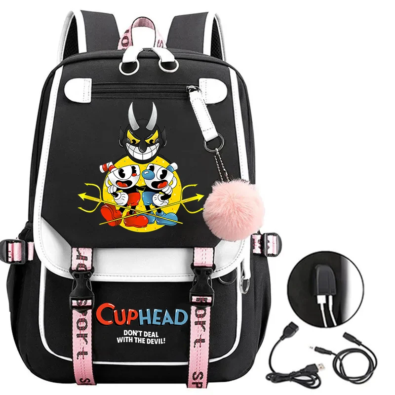 Cuphead Backpacks Teenager Usb Schoolbag Fashion Women Back Pack Cartoon Print Bookbag Girls Plush Ball Backpack Travel Bag