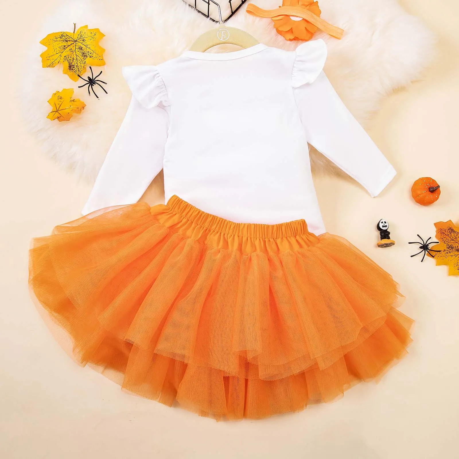 Infant Baby Girls Halloween Costume Set Pumpkin Witch Long Sleeve Romper Bodysuit with Tutu Skirt Festive Cosplay Fancy Dress Up