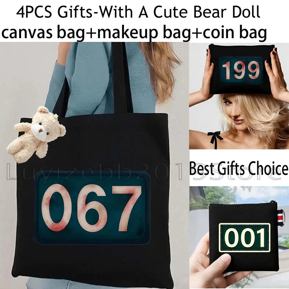 4PCS Cute Gifts Retro 456 067 199 Player Game Number Canvas Tote Bag Handbag,Cosmetic Makeup Bag,Coin Purse Wallet Zipper Pouch
