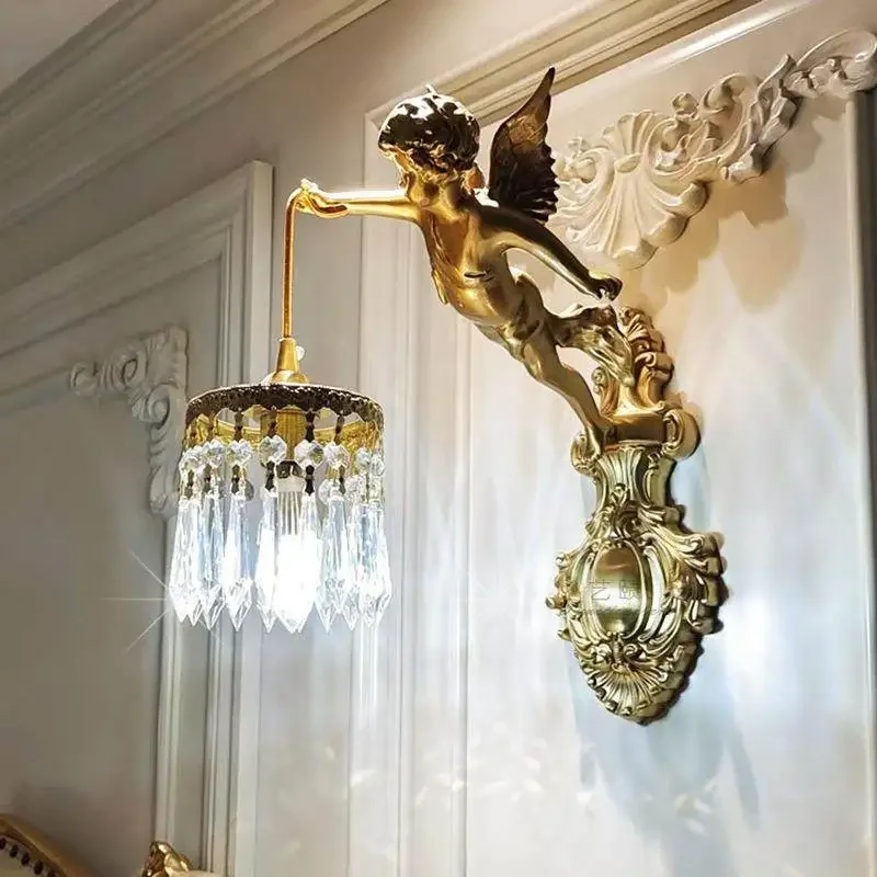 French all-copper angel wall lamp medieval living room bedroom study aisle wall lamp American retro light luxury crystal lamp