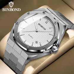 BINBOND Top Brand Luxury Quartz Watch Men Fashion Casual Big Dial Stainless Steel Calendar Quartz Wristwatch Classic Male Clock