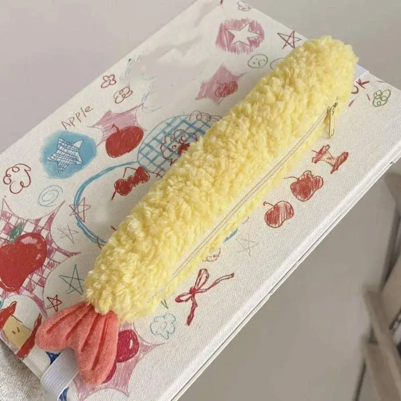 Adorable Shrimp Tail Plush Pencil Case Kawaii Fluffy Stationery Organizer 1Pc Ideal Gift for Girls Students School Use