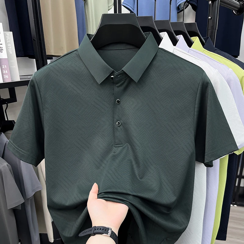 TFETTERS 2026 Summer Men's Collared Polo Shirt Invisible Labyrinth Jacquard Anti‑Crease Senior Dad Workplace Business Outfit