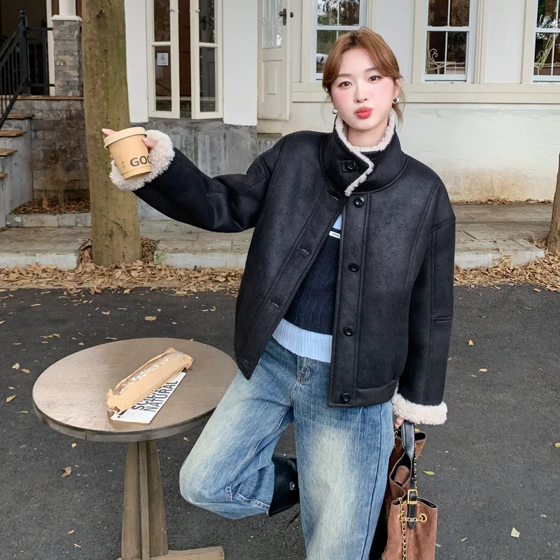 Jaqueta de inverno feminina vintage shearling lã de cordeiro casaco cor-bloco couro falso casaco de pele mulher roupas camurça topo