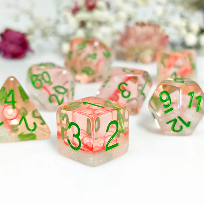 7 Pieces Game Dices Resin Polyhedral Fruit Themed Dices for Party Bar KTV Card Game Role Playing Game Digital Accessories