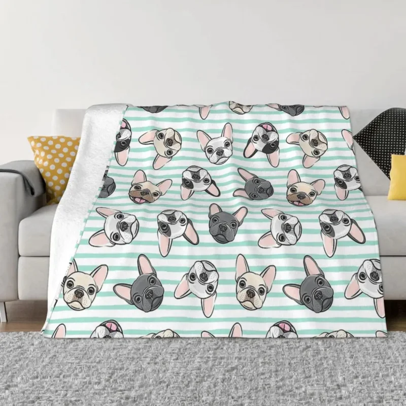 

French Bulldog All The Frenchies Aqua Stripes Portable Warm Throw Blankets for Bedding Travel