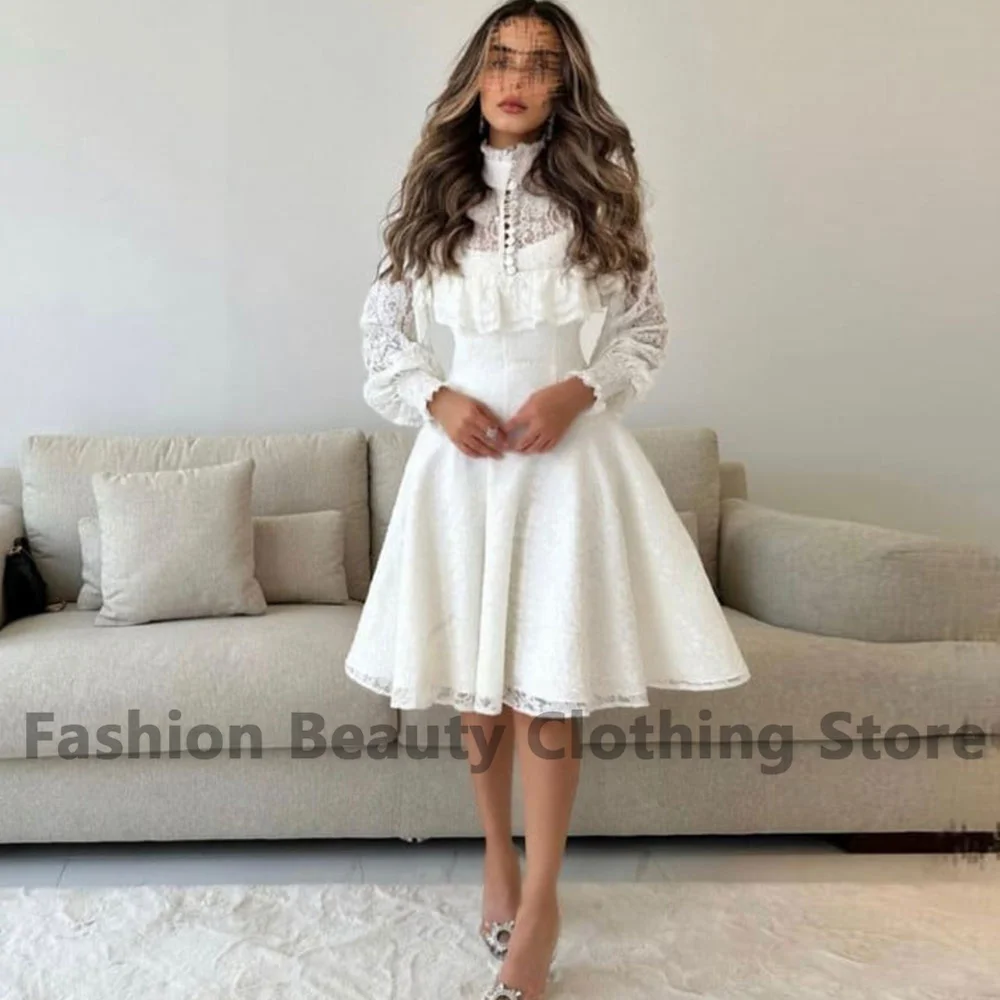 Short Lace Prom Gown With Long Sleeves Button Hight Neck A-Line Evening Dress Knee-Lenght Ruffle Vintage Dubai Woman Dresses