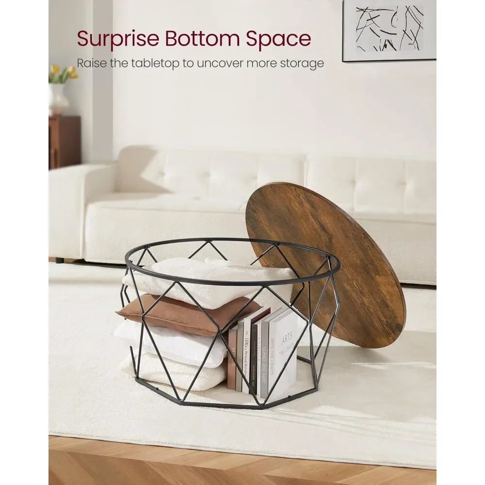 Round Coffee Table for Living Room, Cage Cocktail Table with Steel Frame, 31.5 Inches Dia., Industrial Style, Rustic Bro